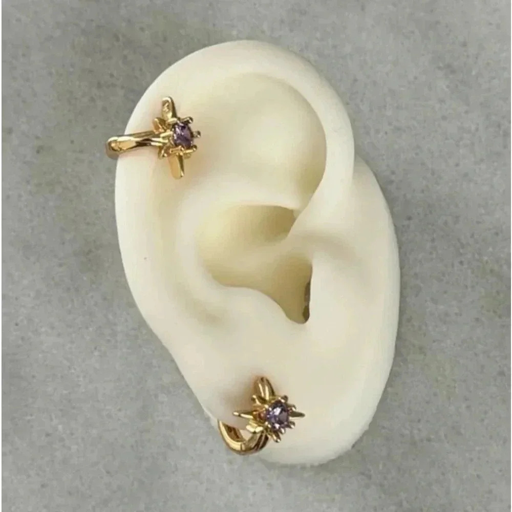 Gold Purple Crystal Star Burst Huggie Hoop Earrings 

Brand New